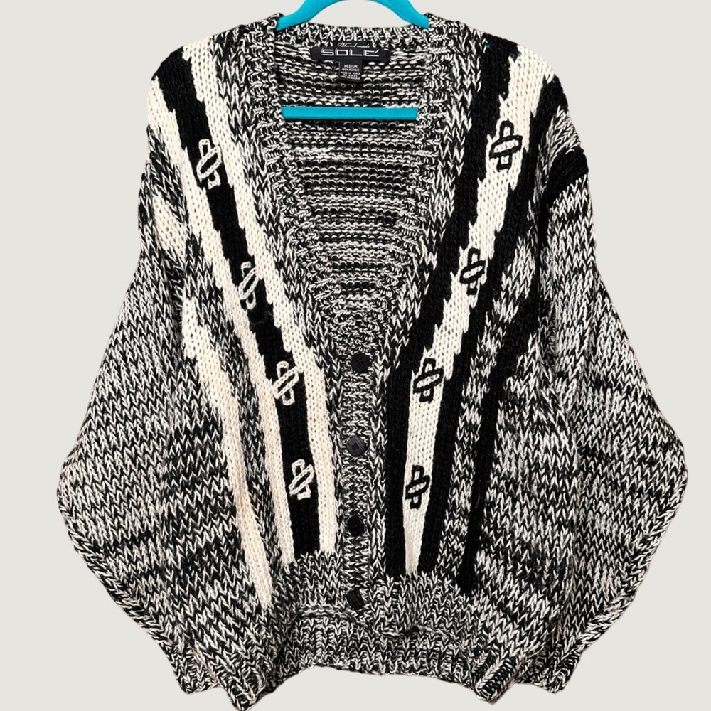 Sole Hand Made Vintage 90s Chunky Knit Cardigan Sweater Black White Mens Medium